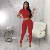 Solid Color O Neck Tops And Pants Tight 2 Piece Set YF-10514