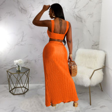 Solid Color Sling Tops And Pleated Slit Skirt 2 Piece Set YF-10503