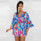 Fashion Print Long Sleeve Backless Romper With Belt YF-10517