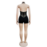 Sexy Hot Drill Halter Mesh Backless Romper BY-6390