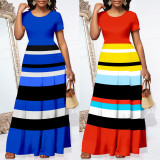Short Sleeve Stripe Print Maxi Dress XHSY-19575