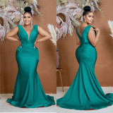 Solid Color V Neck Pleated Maxi Dress BY-6357