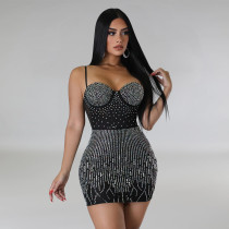 Mesh Hot Drill Sleeveless Mini Dress BY-6368