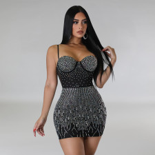 Mesh Hot Drill Sleeveless Mini Dress BY-6368