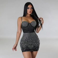 Mesh Hot Drill Sleeveless Mini Dress BY-6368