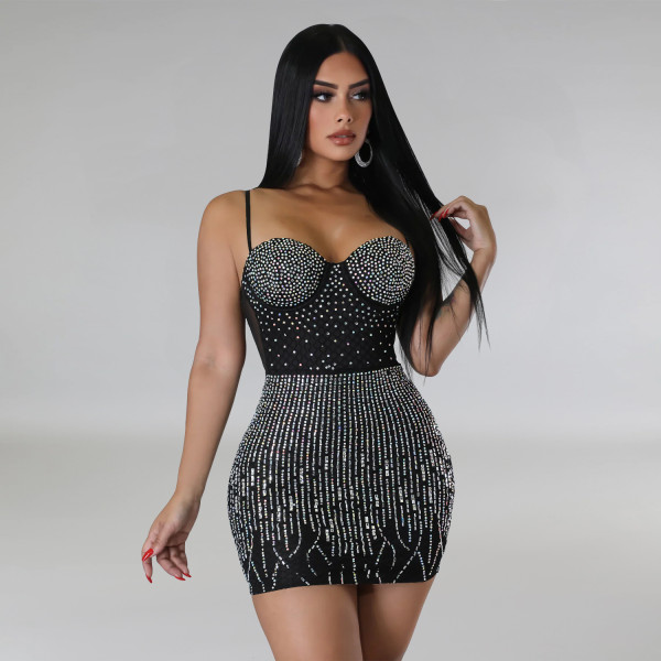 Mesh Hot Drill Sleeveless Mini Dress BY-6368