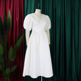 Plus Size Fashion V-neck Bubble Sleeve Dress GATE-D362