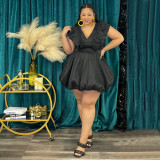 Plus Size V Neck Solid Color Mini Dress NNWF-7838