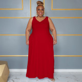 Plus Size Solid Color V Neck Sleeveless Maxi Dress NNWF-7860