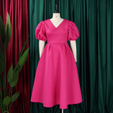 Plus Size Fashion V-neck Bubble Sleeve Dress GATE-D362