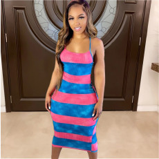 Sexy Sling Backless Print Dye Midi Dress QXTF-8848