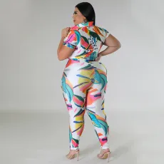 Plus Size Fashion Print Short Sleeve Pants Two Piece Set NNWF-7861