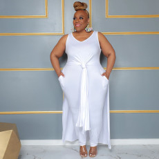 Plus Size Solid Color V Neck Sleeveless Maxi Dress NNWF-7860