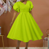 Plus Size Fashion V-neck Bubble Sleeve Dress GATE-D362