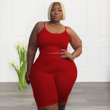 Plus Size Casual Solid Sling Vest And Shorts Sport Suit NNWF-7839