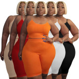 Plus Size Casual Solid Sling Vest And Shorts Sport Suit NNWF-7839