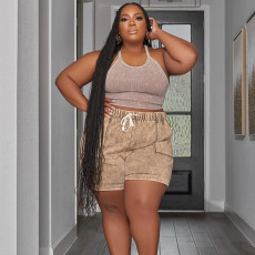 Plus Size Solid Vest And Shorts Two Piece Set NNWF-7855