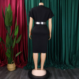 Plus Size Fashion V-neck Sexy Midi Dress With Belt GATE-D366