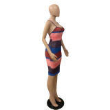 Sexy Sling Backless Print Dye Midi Dress QXTF-8848