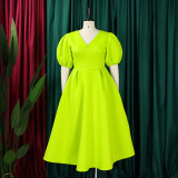 Plus Size Fashion V-neck Bubble Sleeve Dress GATE-D362
