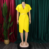Plus Size Fashion V-neck Sexy Midi Dress With Belt GATE-D366