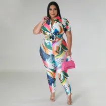 Plus Size Fashion Print Short Sleeve Pants Two Piece Set NNWF-7861