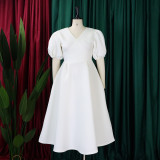 Plus Size Fashion V-neck Bubble Sleeve Dress GATE-D362