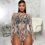Fashion Mesh Print Long Sleeve Bodysuit SMR-11976