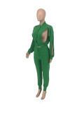 Solid Zipper Long Sleeve 2 Piece Pants Set ZDF-31286