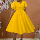Plus Size Fashion V-neck Bubble Sleeve Dress GATE-D362