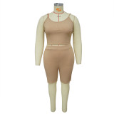Plus Size Casual Solid Sling Vest And Shorts Sport Suit NNWF-7839