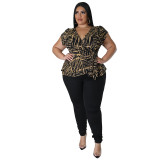 Plus Size Casual Print V Neck Tops And Pants Two Piece Set NNWF-7849