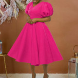 Plus Size Fashion V-neck Bubble Sleeve Dress GATE-D362