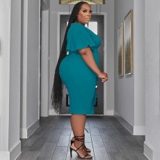 Plus Size Solid Color V Neck Ruffle Midi Dress NNWF-7870