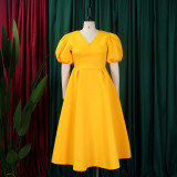 Plus Size Fashion V-neck Bubble Sleeve Dress GATE-D362