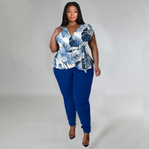 Plus Size Casual Print V Neck Tops And Pants Two Piece Set NNWF-7849