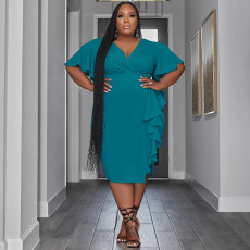 Plus Size Solid Color V Neck Ruffle Midi Dress NNWF-7870