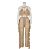 Sexy Knit Tassel Hollow Out Two Piece Pant Sets ZSD-0225