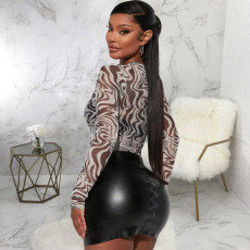 Fashion Mesh Print Long Sleeve Bodysuit SMR-11976