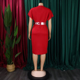 Plus Size Fashion V-neck Sexy Midi Dress With Belt GATE-D366