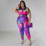 Plus Size Fashion Print Short Sleeve Pants Two Piece Set NNWF-7861