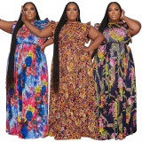 Plus Size Casual Sleeveless Tie Up Print Dress NNWF-7854