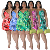 Plus Size Sling Print V Neck Tie Up Romper NNWF-7850