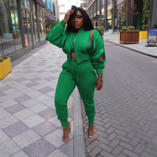 Solid Zipper Long Sleeve 2 Piece Pants Set ZDF-31286