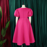 Plus Size Fashion V-neck Bubble Sleeve Dress GATE-D362