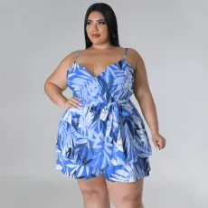 Plus Size Sling Print V Neck Tie Up Romper NNWF-7850