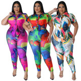 Plus Size Fashion Print Short Sleeve Pants Two Piece Set NNWF-7861