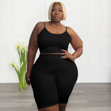 Plus Size Casual Solid Sling Vest And Shorts Sport Suit NNWF-7839