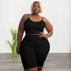 Plus Size Casual Solid Sling Vest And Shorts Sport Suit NNWF-7839