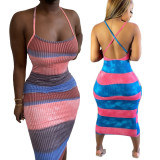Sexy Sling Backless Print Dye Midi Dress QXTF-8848